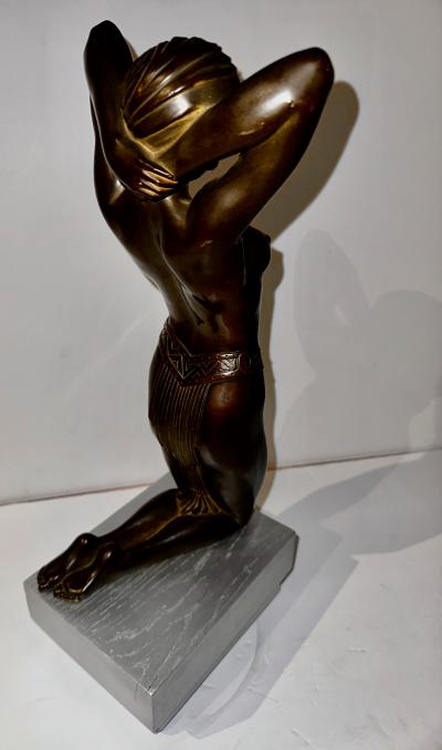 Art Deco Bronze Female Statue Egyptian Inspired Headdress and Waist Treatment