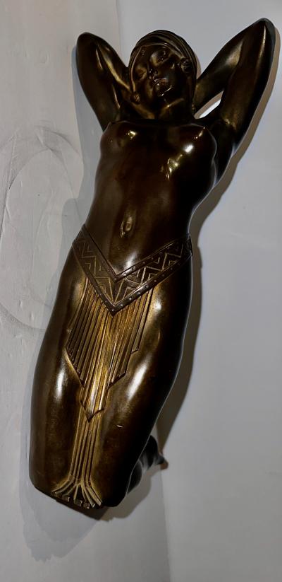Art Deco Bronze Female Statue Egyptian Inspired Headdress and Waist Treatment