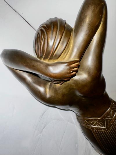 Art Deco Bronze Female Statue Egyptian Inspired Headdress and Waist Treatment