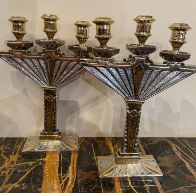 Art Deco Bronze Pair of Candlesticks Silver and Gold