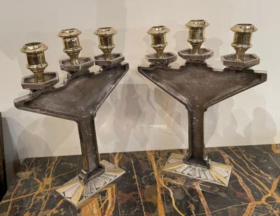 Art Deco Bronze Pair of Candlesticks Silver and Gold
