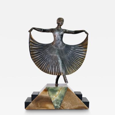 Art Deco Bronze Sculpture of a Dancer with Dress Fanned Out Wide on Marble Base