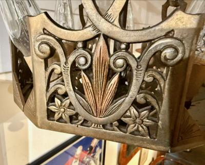Art Deco Bronze and Amber Glass Chandelier with Sculptural Form