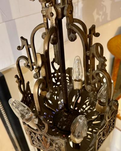 Art Deco Bronze and Amber Glass Chandelier with Sculptural Form