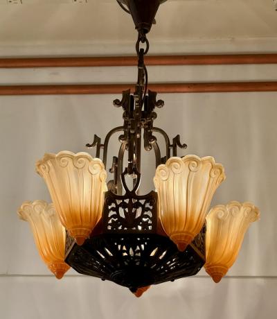 Art Deco Bronze and Amber Glass Chandelier with Sculptural Form