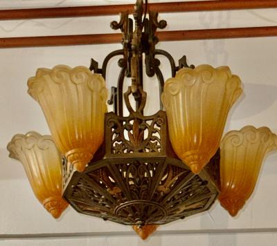 Art Deco Bronze and Amber Glass Chandelier with Sculptural Form