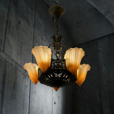Art Deco Bronze and Amber Glass Chandelier with Sculptural Form