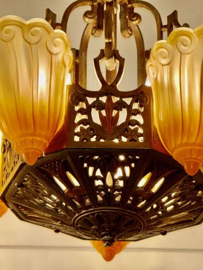 Art Deco Bronze and Amber Glass Chandelier with Sculptural Form