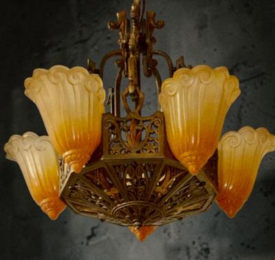 Art Deco Bronze and Amber Glass Chandelier with Sculptural Form