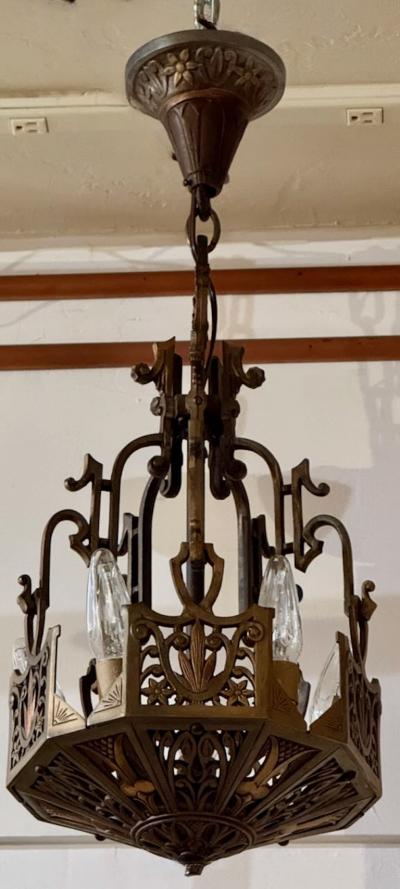 Art Deco Bronze and Amber Glass Chandelier with Sculptural Form