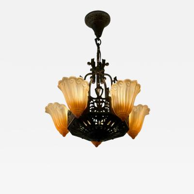 Art Deco Bronze and Amber Glass Chandelier with Sculptural Form