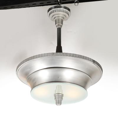 Art Deco Brushed Aluminum Frosted Glass Chandelier with Fluted Detailing