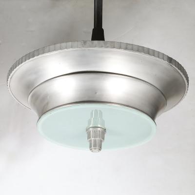 Art Deco Brushed Aluminum Frosted Glass Chandelier with Fluted Detailing