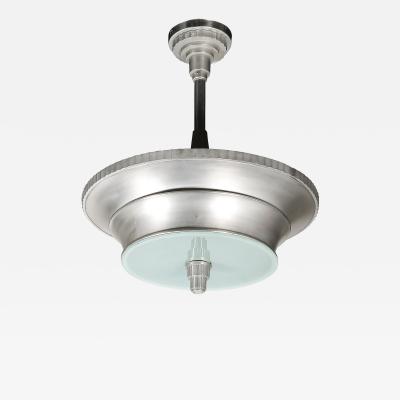Art Deco Brushed Aluminum Frosted Glass Chandelier with Fluted Detailing