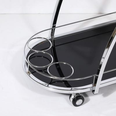 Art Deco Bullet Form Two Tier Rolling Bar Serving Cart in Vitrolite Chrome