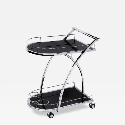 Art Deco Bullet Form Two Tier Rolling Bar Serving Cart in Vitrolite Chrome