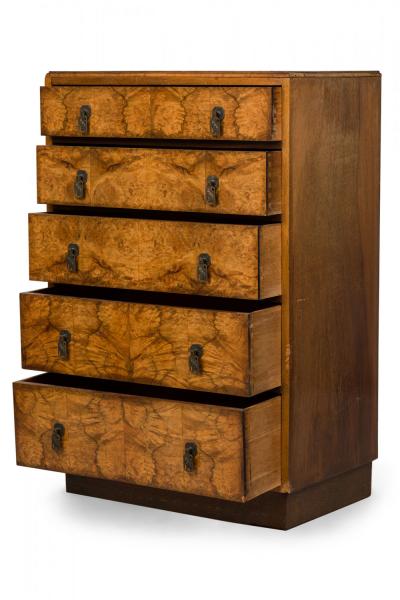Art Deco Burl Veneer 5 Drawer Tall Chest