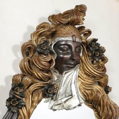 Art Deco Carved Sculptural Flapper Mirror in Limewood Plaster Appliques Gilt