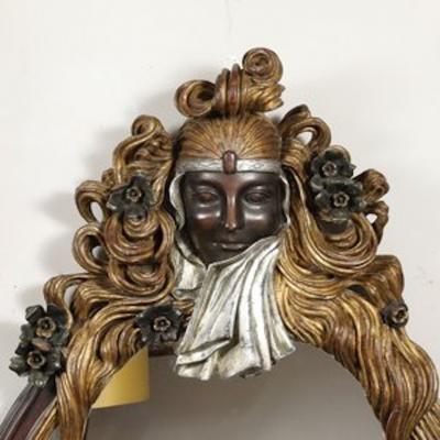 Art Deco Carved Sculptural Flapper Mirror in Limewood Plaster Appliques Gilt