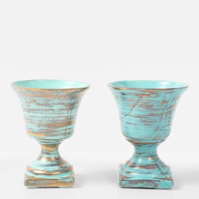 Art Deco Ceramic Gold Washed Turquoise Cache Pots