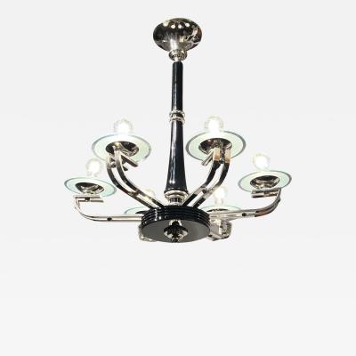 Art Deco Chandelier Black Lacquer Chrome Glass France circa 1930