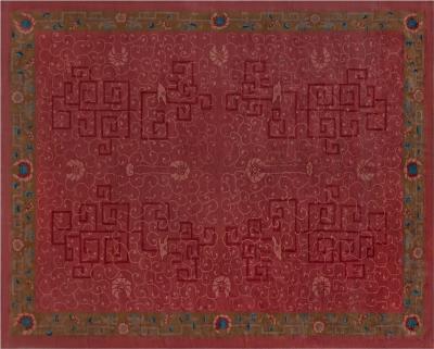 Art Deco Chinese Handmade Rug in Blue Brown and Pink