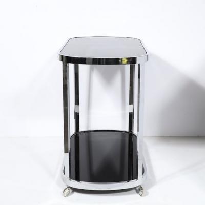 Art Deco Chrome Two Tier Rolling Serving Cart with Inset Black Vitrolite