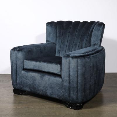 Art Deco Club Chair with Sculptural Ebonized Supports in Smoked Sapphire Velvet