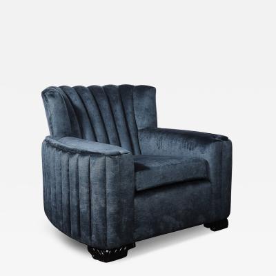 Art Deco Club Chair with Sculptural Ebonized Supports in Smoked Sapphire Velvet