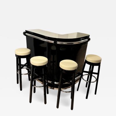 Art Deco Corner Bar with 4 Stools Black Lacquer Cream Glass France circa 1930