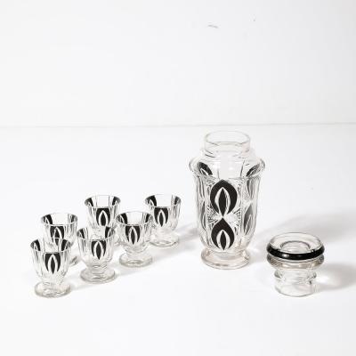 Art Deco Cubist Cut Crystal Black Geometric Detailed Cocktail Shaker Glass Set