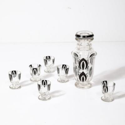 Art Deco Cubist Cut Crystal Black Geometric Detailed Cocktail Shaker Glass Set