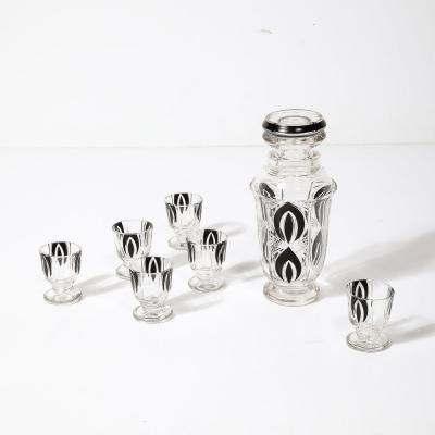 Art Deco Cubist Cut Crystal Black Geometric Detailed Cocktail Shaker Glass Set