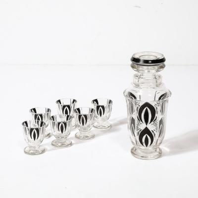 Art Deco Cubist Cut Crystal Black Geometric Detailed Cocktail Shaker Glass Set