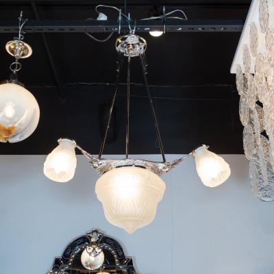 Art Deco Cubist Four Globe Frosted Relief Glass Chandelier in Silvered Bronze