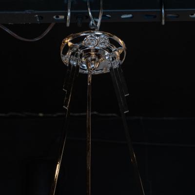 Art Deco Cubist Four Globe Frosted Relief Glass Chandelier in Silvered Bronze