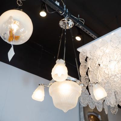 Art Deco Cubist Four Globe Frosted Relief Glass Chandelier in Silvered Bronze