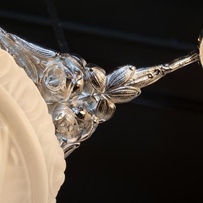 Art Deco Cubist Four Globe Frosted Relief Glass Chandelier in Silvered Bronze