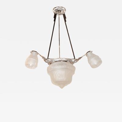 Art Deco Cubist Four Globe Frosted Relief Glass Chandelier in Silvered Bronze