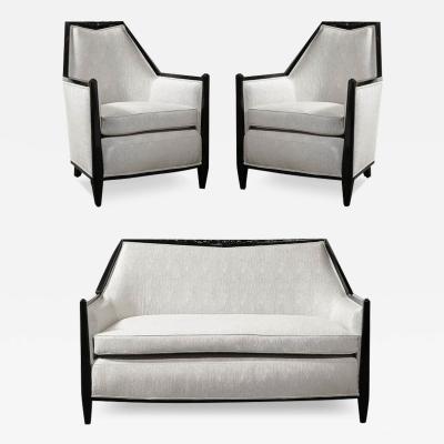 Art Deco Cubist Skyscraper Style Settee Lounge Chair Set in Manner of Ruhlmann