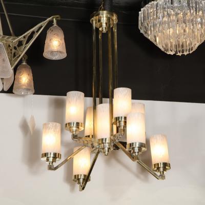 Art Deco Cubist Skyscraper Style Silvered Bronze Mottled Glass Chandelier