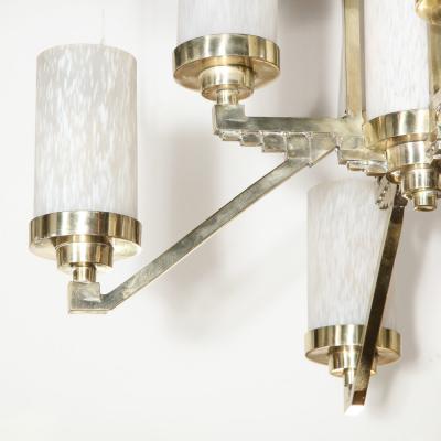 Art Deco Cubist Skyscraper Style Silvered Bronze Mottled Glass Chandelier