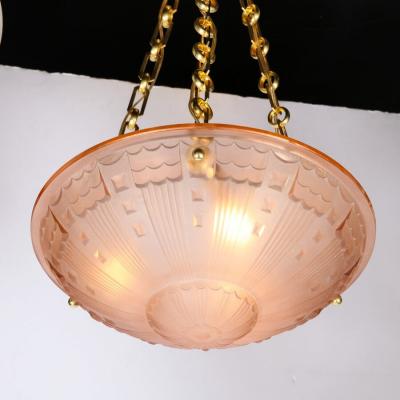 Art Deco Cubist Style Pendant Chandelier in Frosted Rose with Brass Fittings
