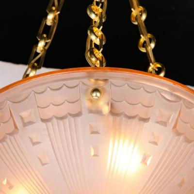 Art Deco Cubist Style Pendant Chandelier in Frosted Rose with Brass Fittings