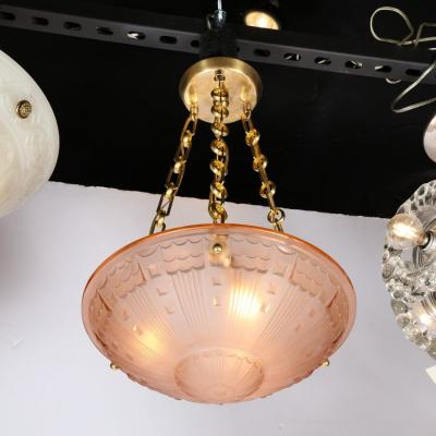 Art Deco Cubist Style Pendant Chandelier in Frosted Rose with Brass Fittings