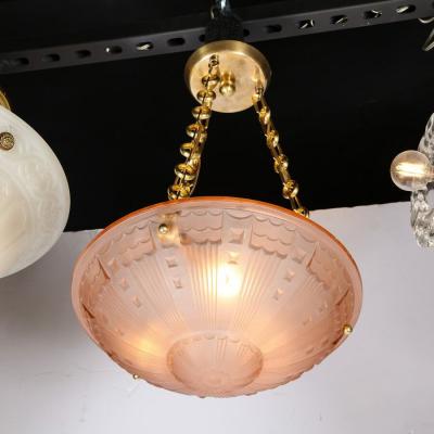 Art Deco Cubist Style Pendant Chandelier in Frosted Rose with Brass Fittings