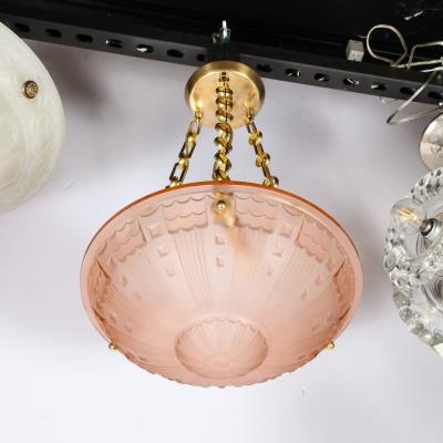 Art Deco Cubist Style Pendant Chandelier in Frosted Rose with Brass Fittings