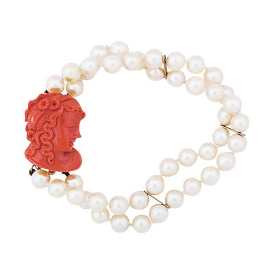 Art Deco Cultured Pearl Coral Cameo and Gold Bracelet