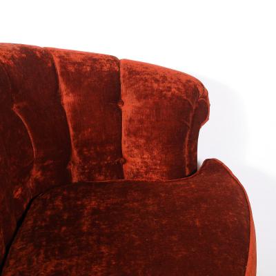Art Deco Curved Channel Back Scroll Arm Sofa with Ebonized Tapered Supports