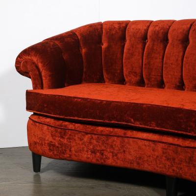 Art Deco Curved Channel Back Scroll Arm Sofa with Ebonized Tapered Supports